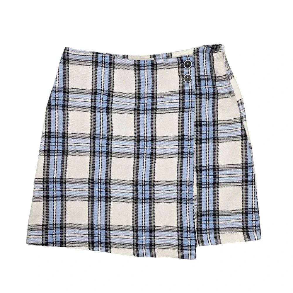 Blue‎ Rain Wrap Mini Skirt Button Detail White Blue Plaid Size S